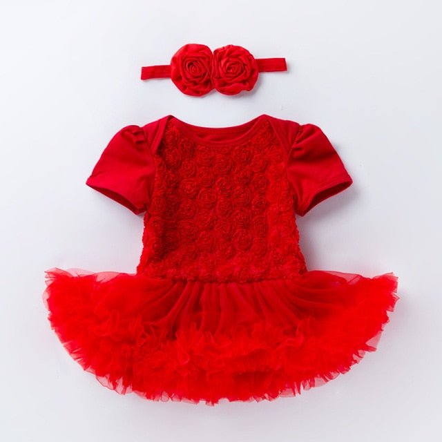Red lace baby romper with a matching headband