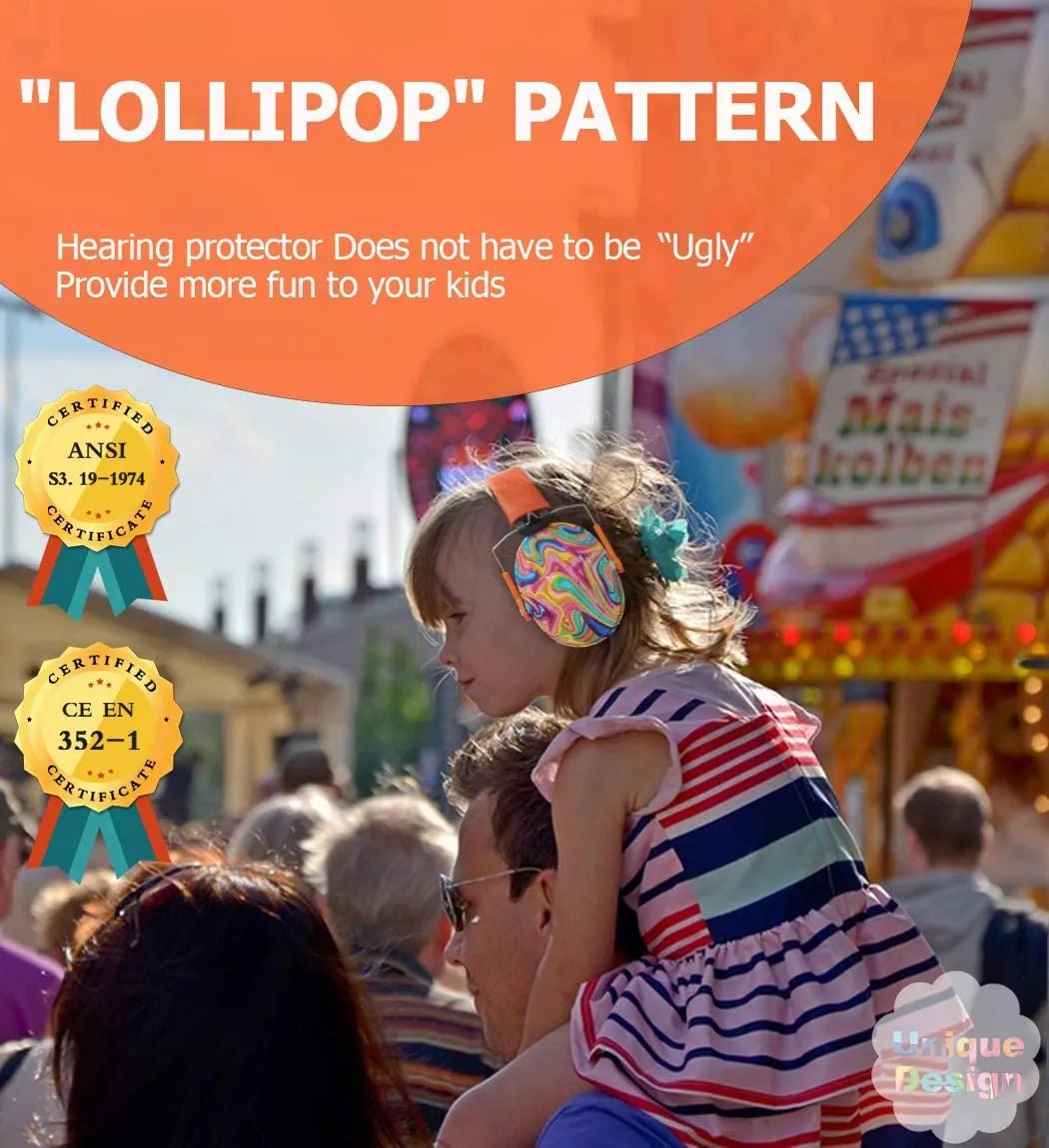 Child with colorful headband at a fairground with promotional text about hearing protectors.