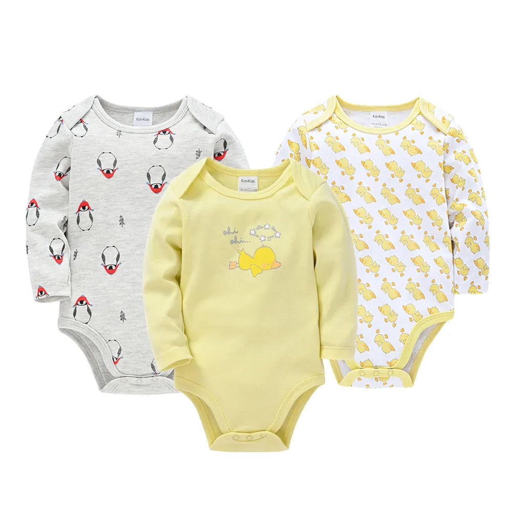 Three baby bodysuits with different patterns