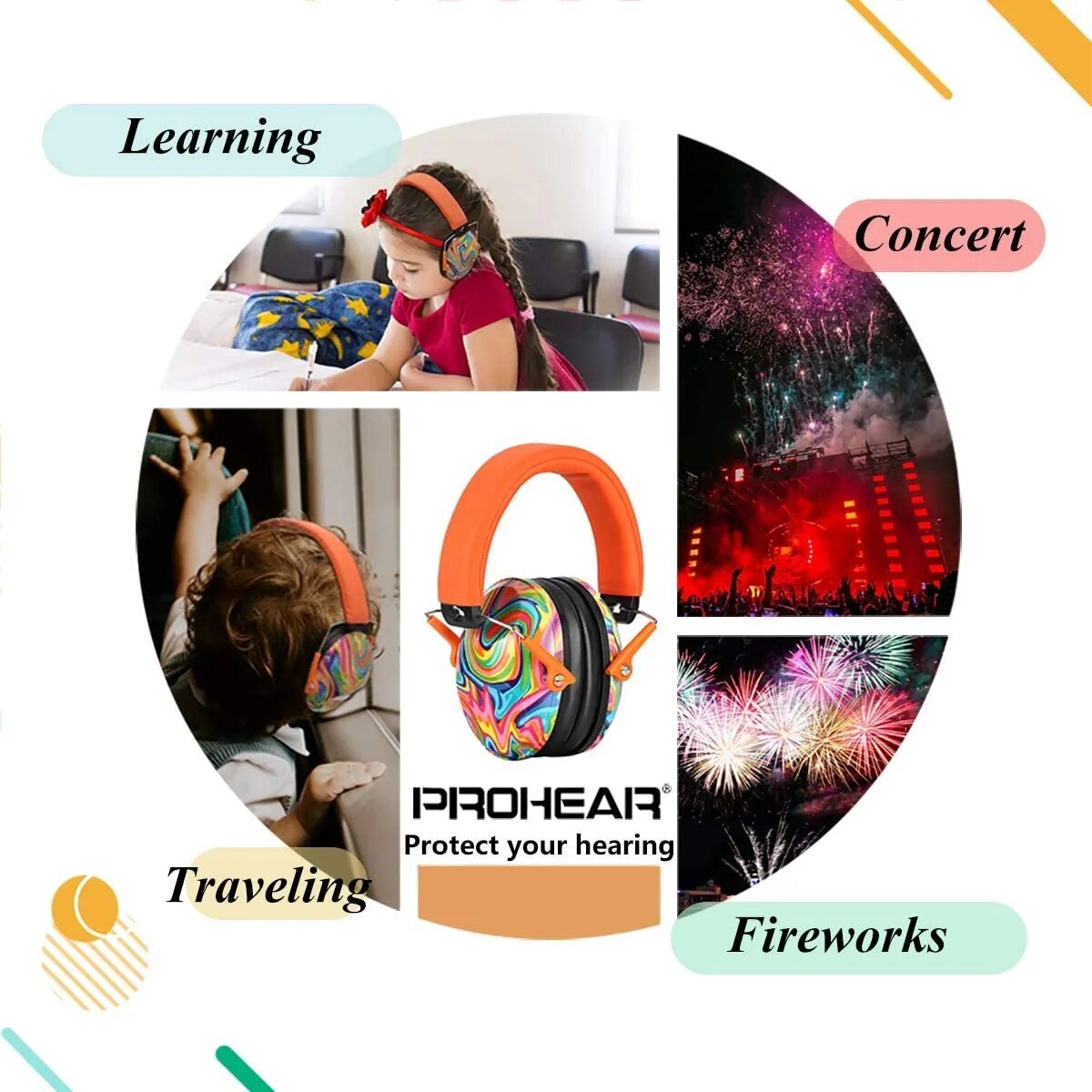 Colorful ear protection headphones with usage scenarios including learning, concert, traveling, and fireworks.