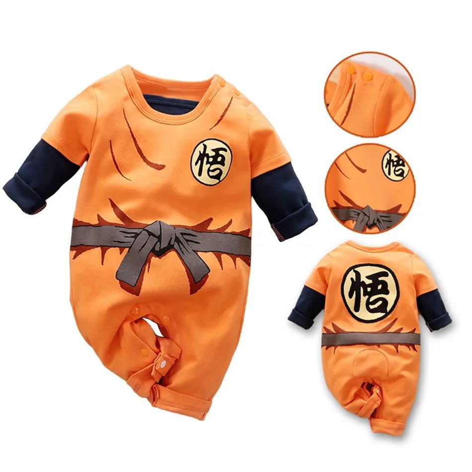 Orange baby onesie with black sleeves and brown belt.