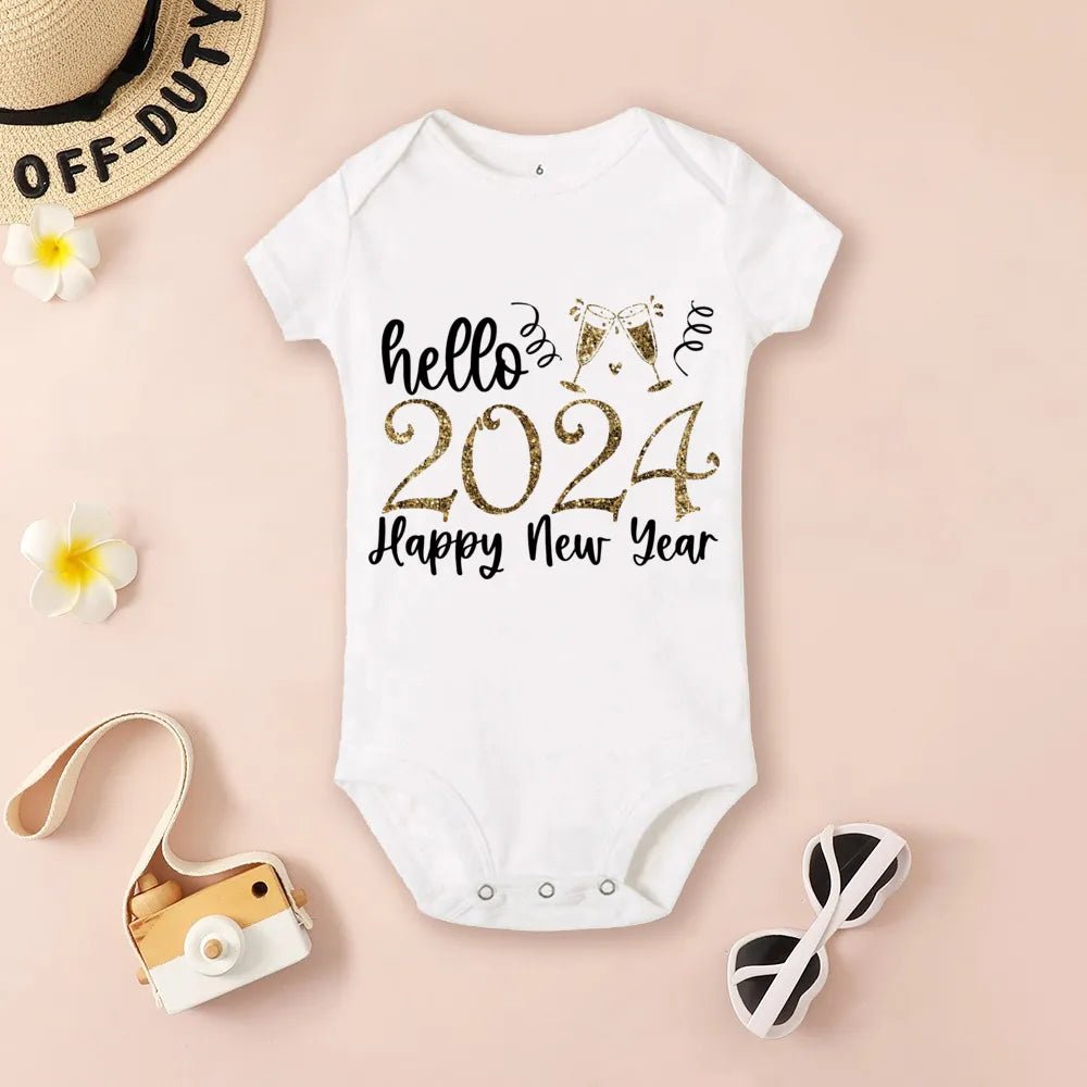 White baby onesie with 'hello 2024 Happy New Year' text