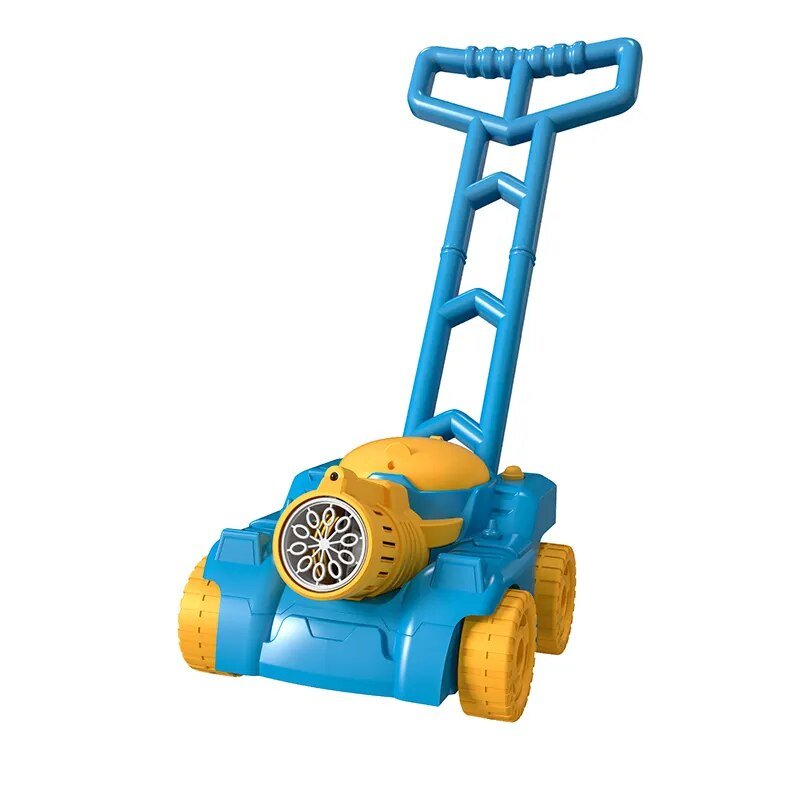 Toy lawn mower with blue handle and yellow wheels