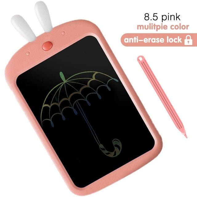 Pink electronic writing board with stylus on a white background