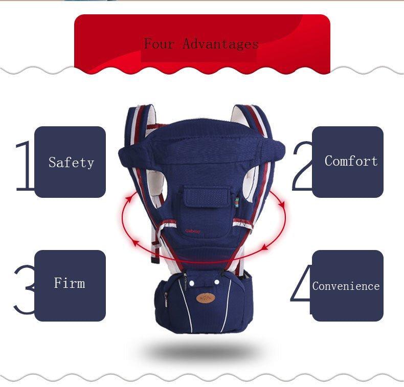 Navy blue baby carrier with text highlighting four advantages