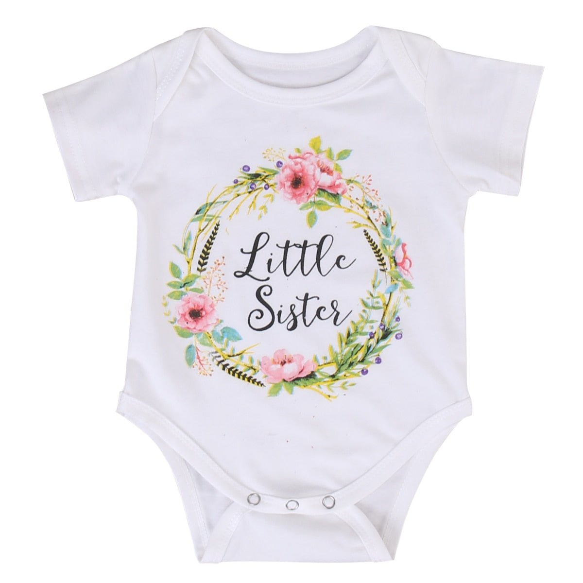 White baby onesie with floral design and 'Little Sister' text