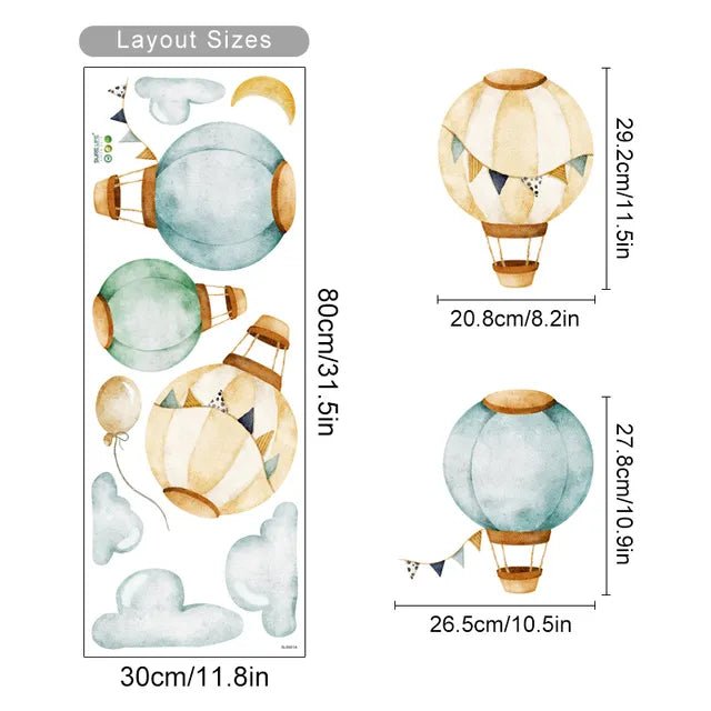 Illustrations of hot air balloons with dimensions.