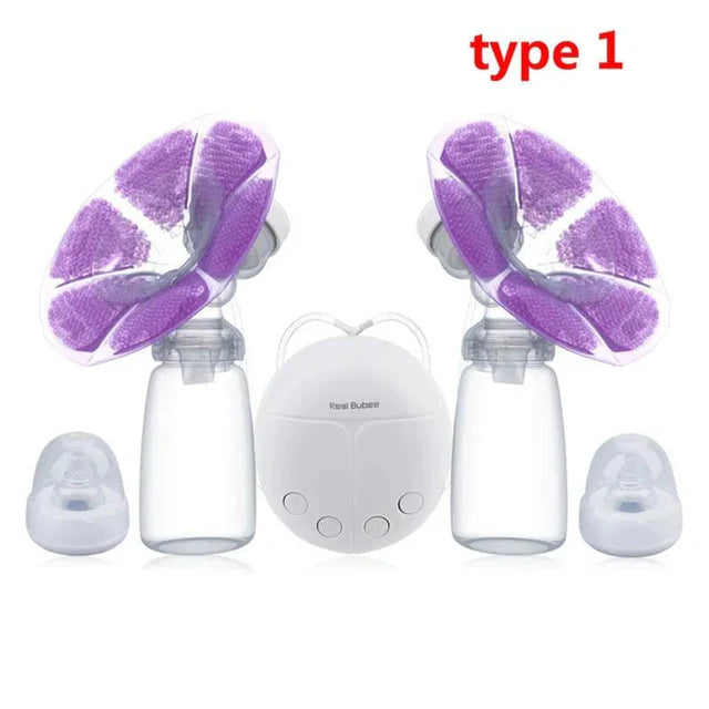 Electric breast pump with purple silicone parts on a white background