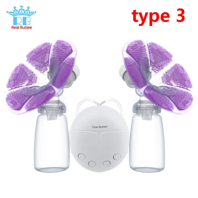 Breast pump with purple silicone parts and 'Real Bubee' branding on a white background.