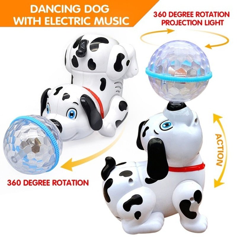 Toy dog with electric music and 360-degree rotation projection light on a white background