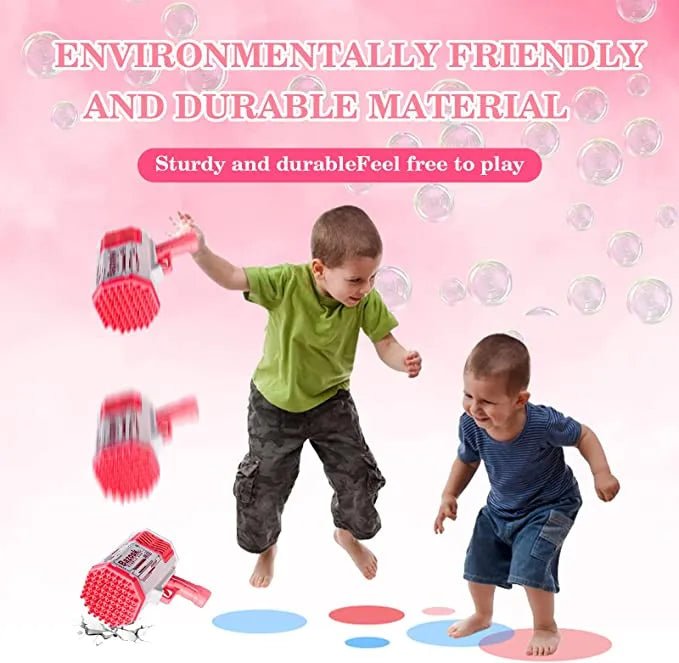 Two children playing with bubble guns on a pink background with text about environmentally friendly and durable materials.