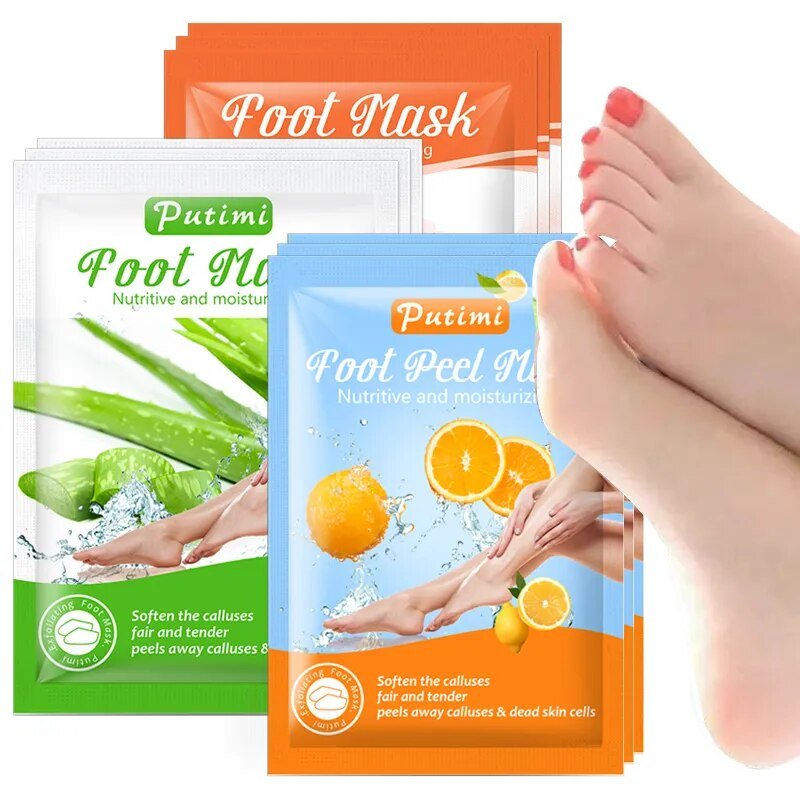 Foot mask packaging with a foot showing pedicure results on a white background