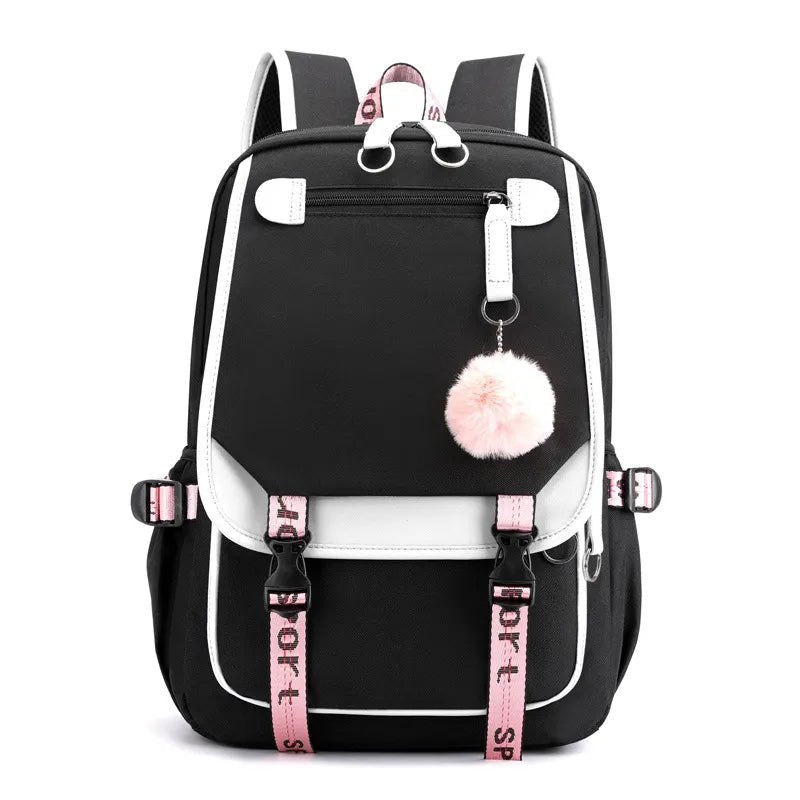 Large USB Canvas School Bag for Teenage Girls: Fashionable Black Pink Backpack image 7