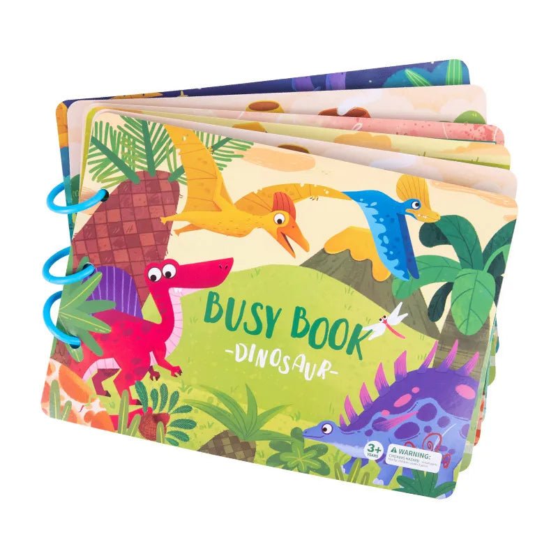 Colorful dinosaur-themed busy book on a white background