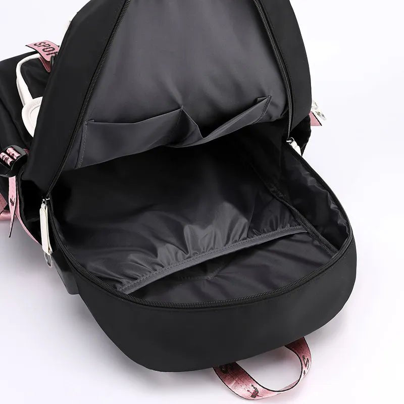 Large USB Canvas School Bag for Teenage Girls: Fashionable Black Pink Backpack image 3