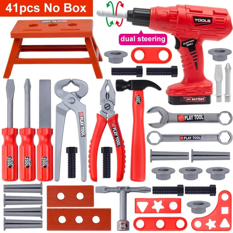 Set of toy tools including a drill, pliers, and screwdrivers on a white background.