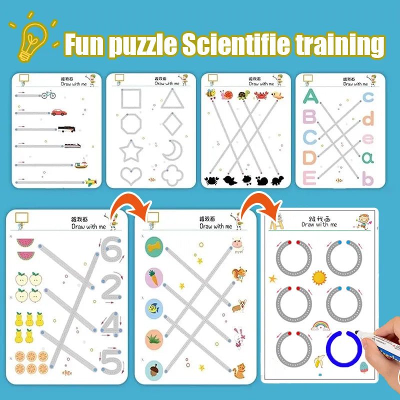 Educational children's activity sheets with numbers, letters, and shapes on a blue background.