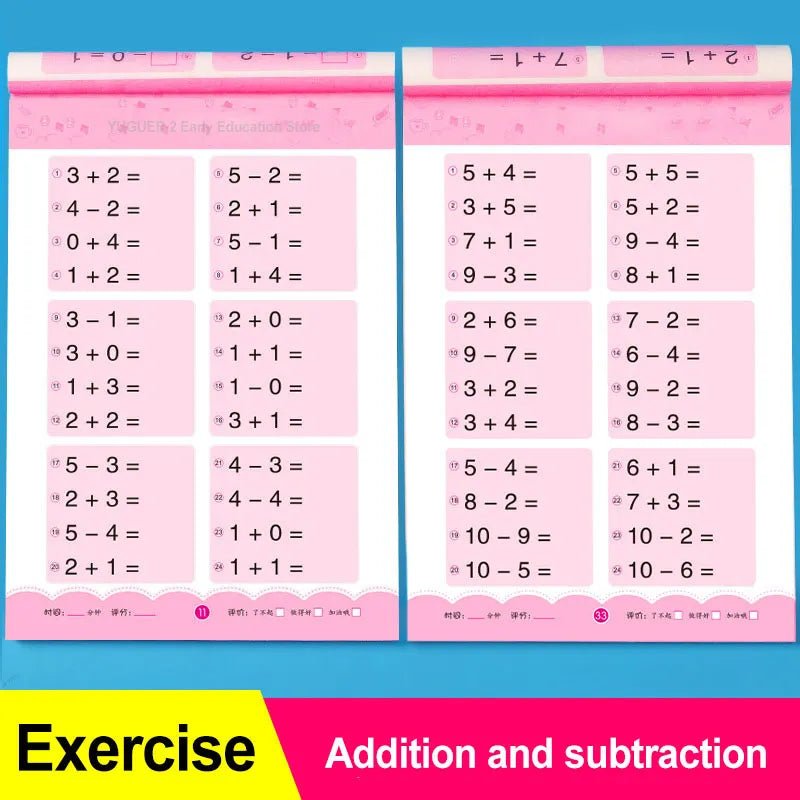 Mathematics exercise book with addition and subtraction problems on a pink and blue background