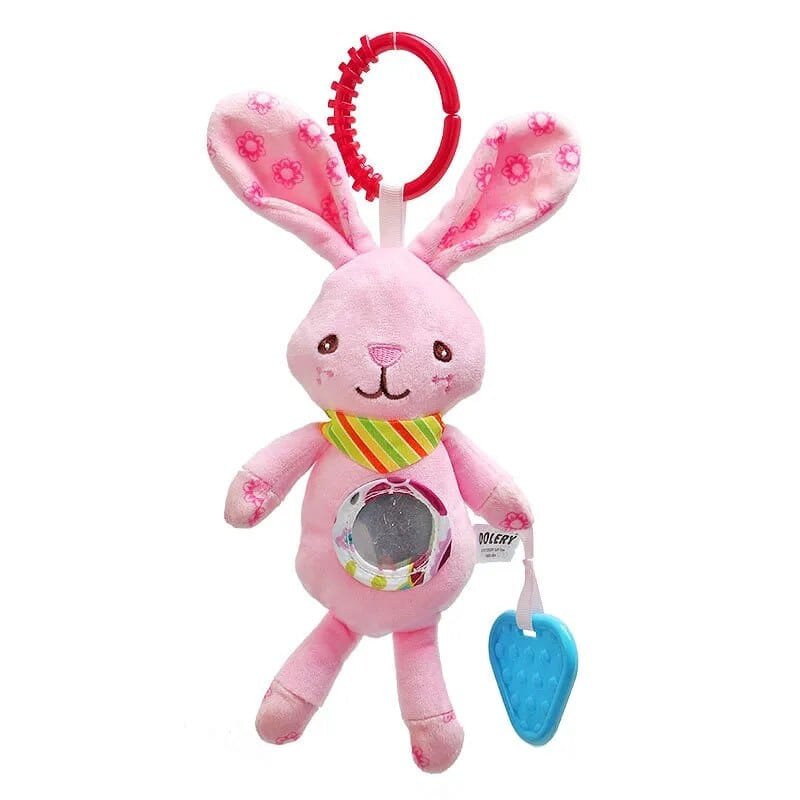Pink bunny plush toy with a teether and mirror on a white background