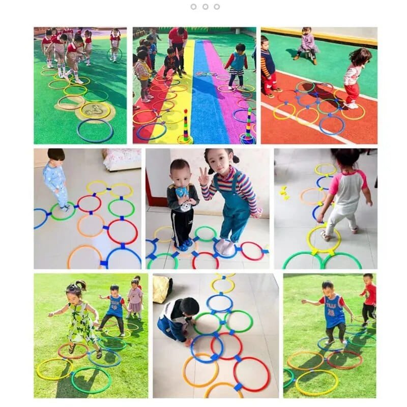 Children playing with colorful ring toys on various surfaces