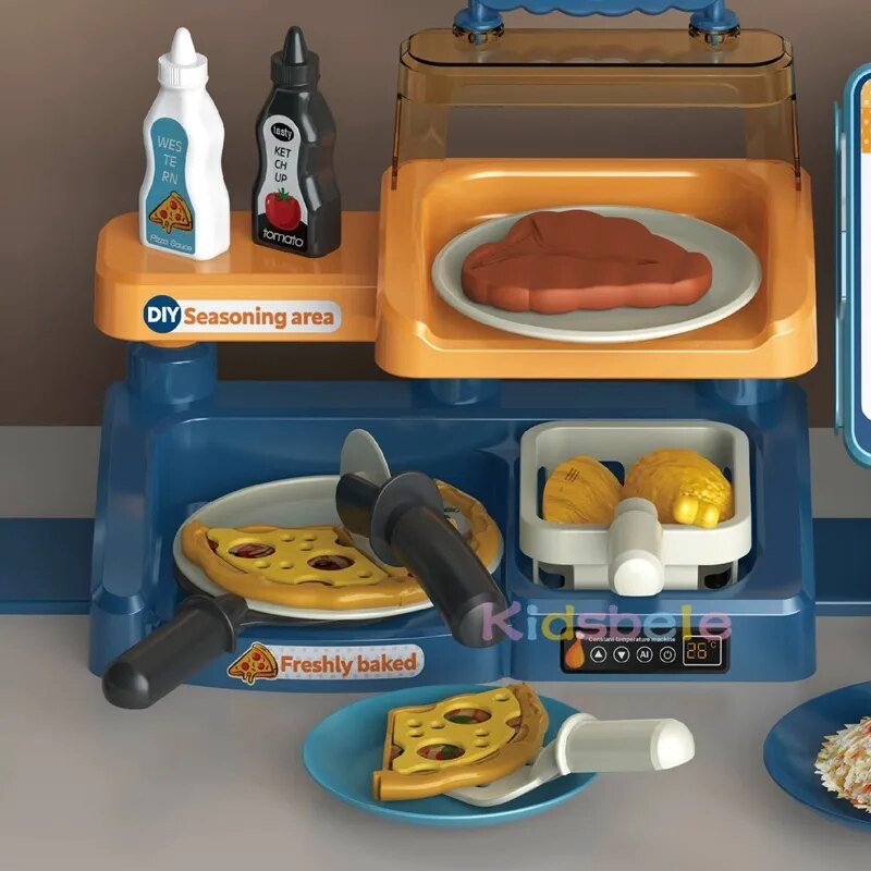 Toy kitchen set with cooking elements and 'Kidsbelle' branding.