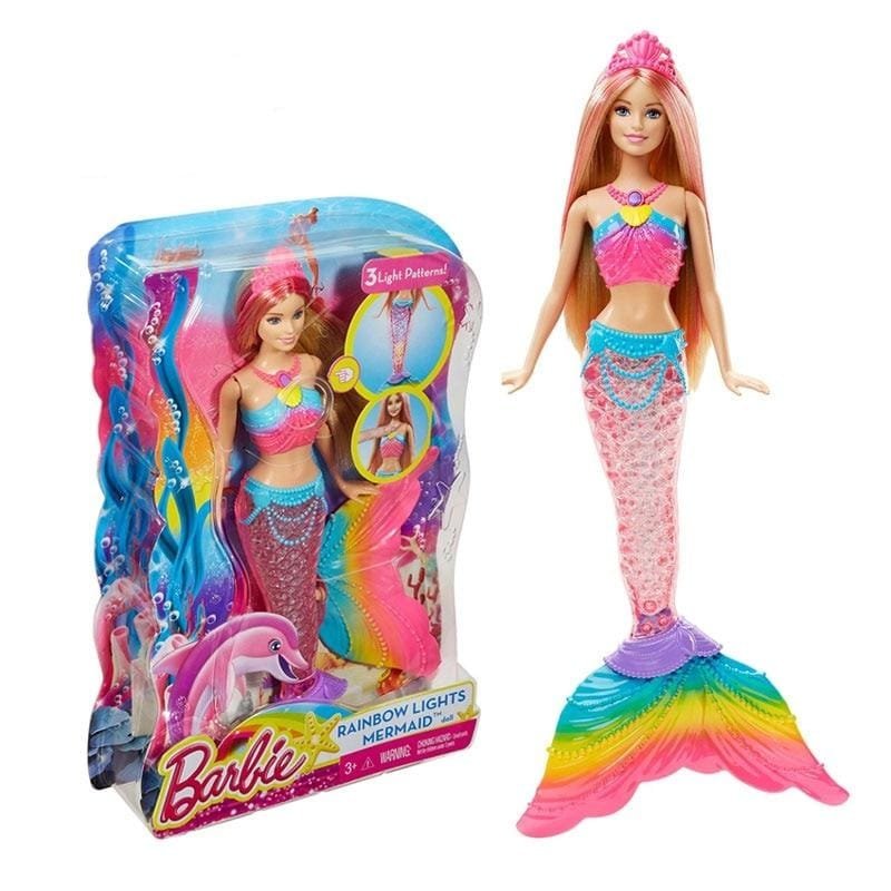 Barbie mermaid doll with rainbow lights and packaging on a white background