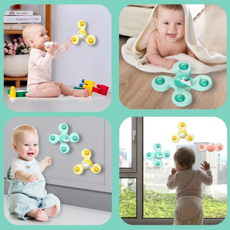 Collage of a baby playing with colorful fidget spinners indoors.