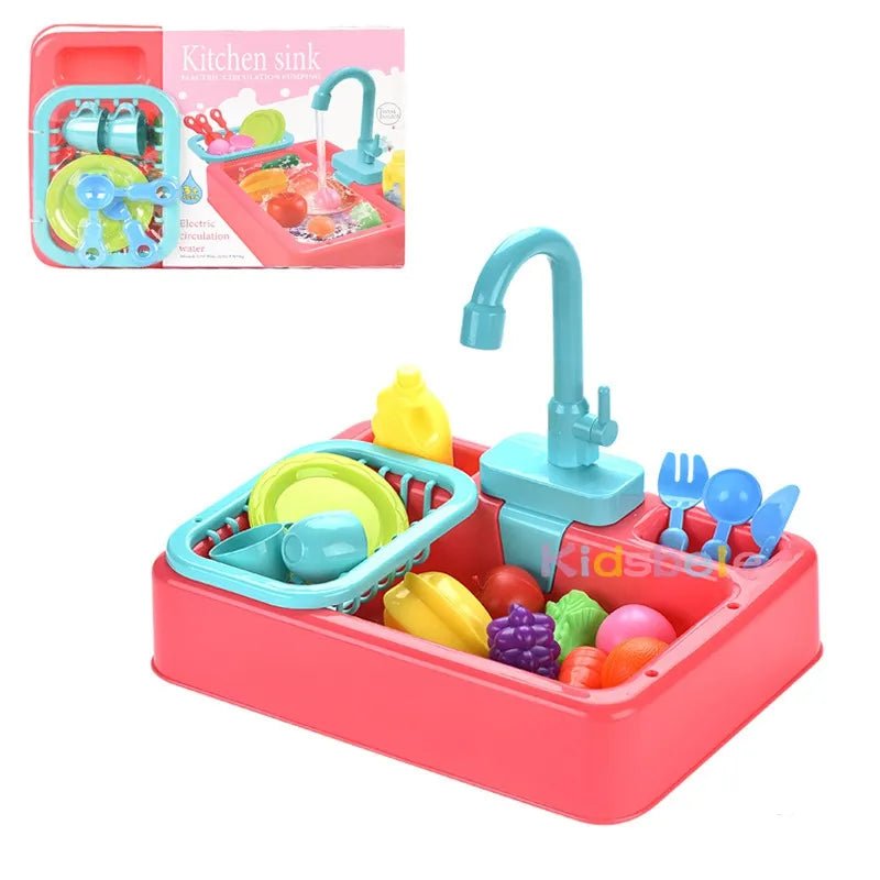 Toy kitchen sink set with utensils and fruits, including packaging