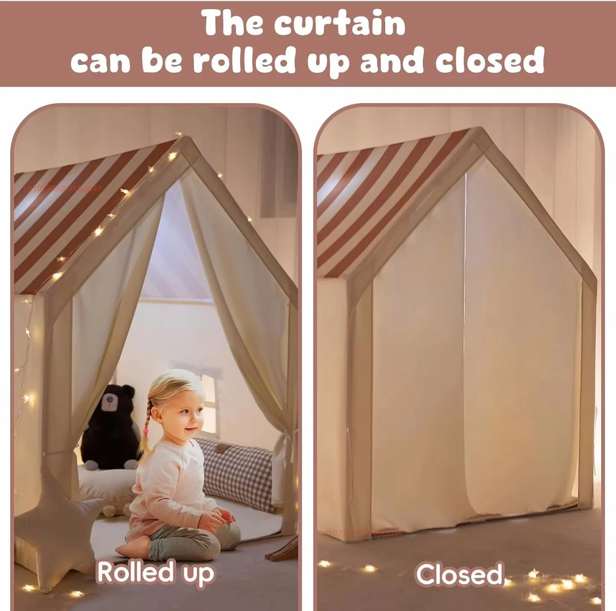 Children's play tent with striped canopy, rolled up and closed, showing a child inside.