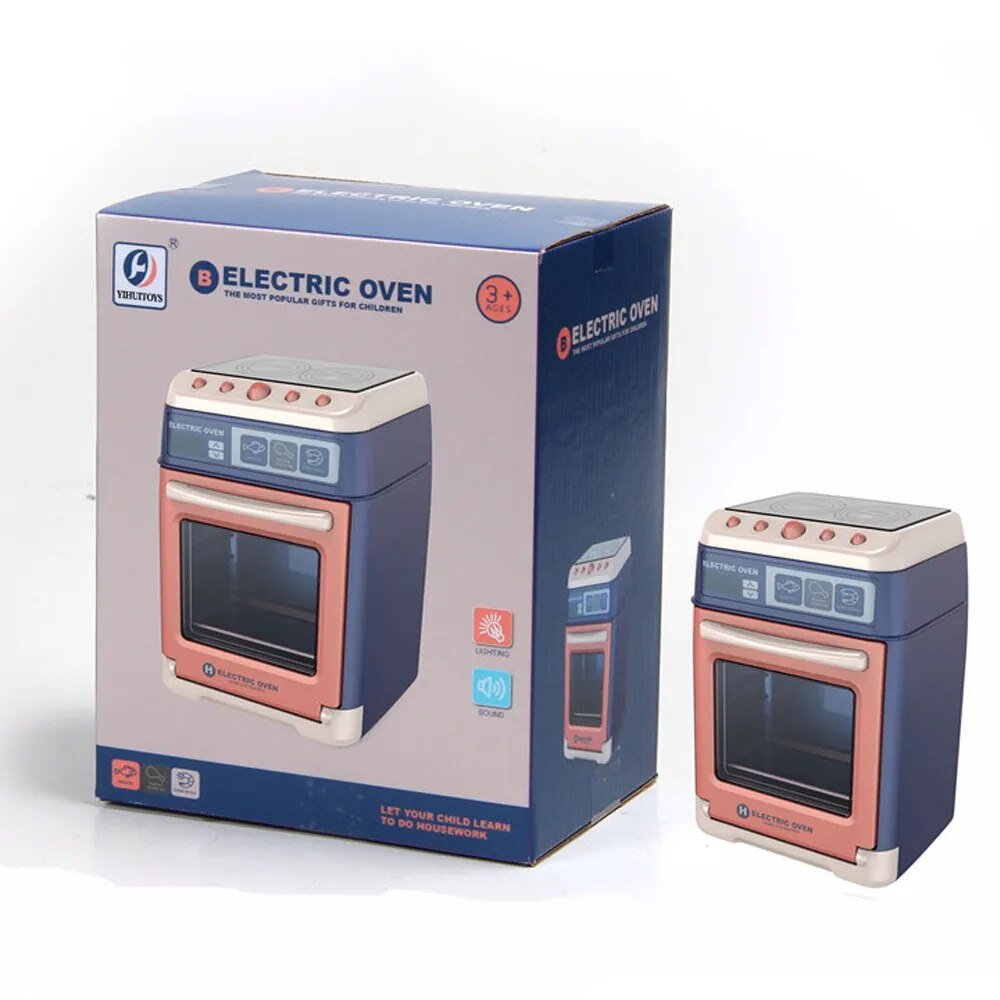 Children's toy electric oven with packaging.