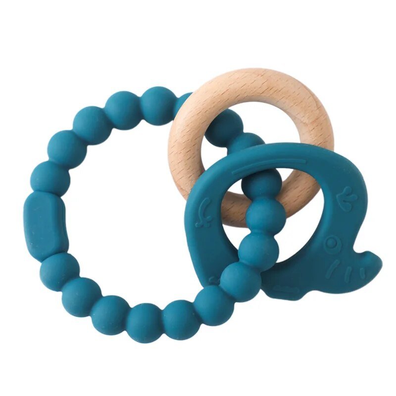 Teething ring with blue silicone beads and wooden ring