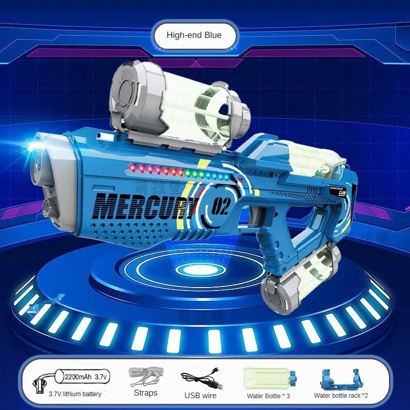 High-end blue toy vehicle with 'Mercury' branding.