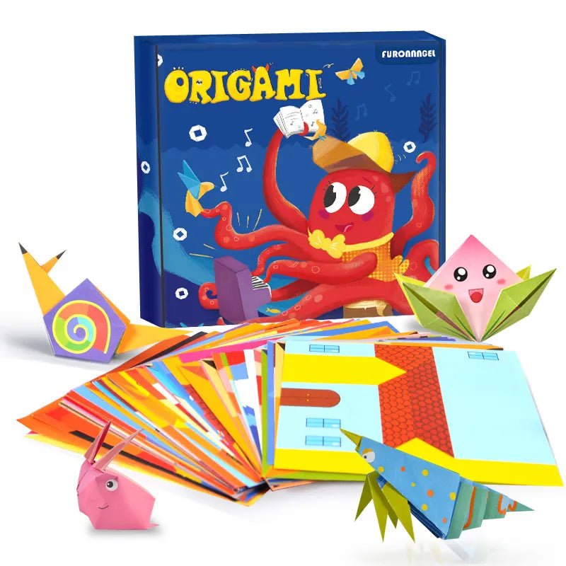 Origami kit with colorful paper and folded models on a white background
