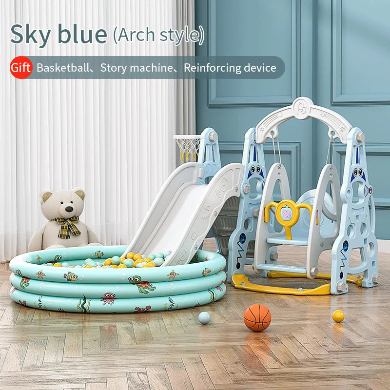 Children's play area with sky blue arch-style play set, inflatable pool, and toys on a wooden floor.