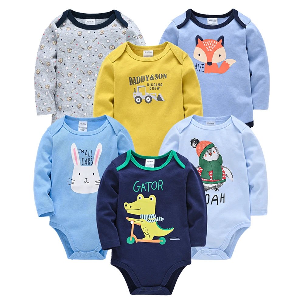 Collection of colorful baby bodysuits with various designs