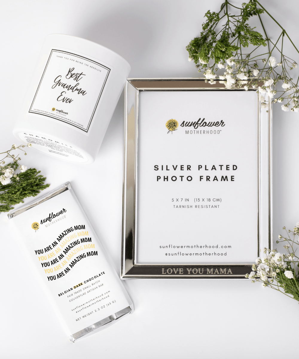 Silver-plated photo frame with 'Sunflower Motherhood' branding.