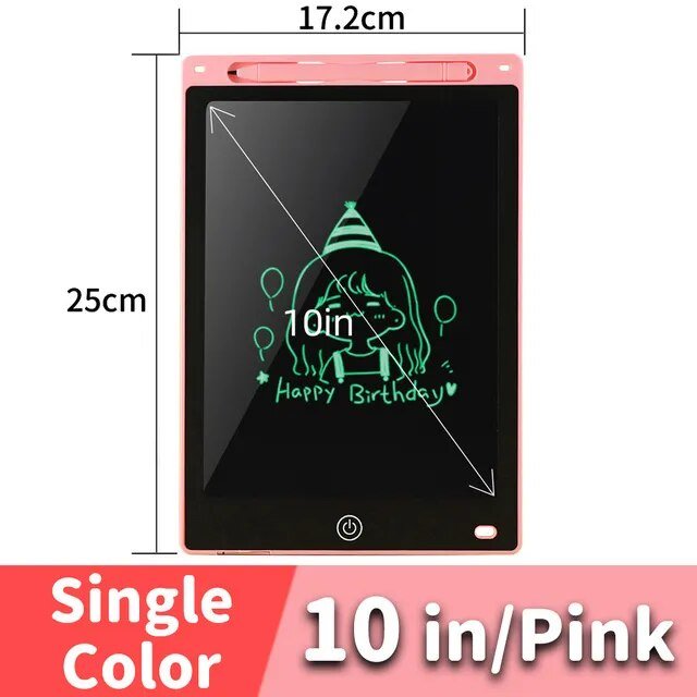 10-inch pink digital drawing tablet with dimensions and text