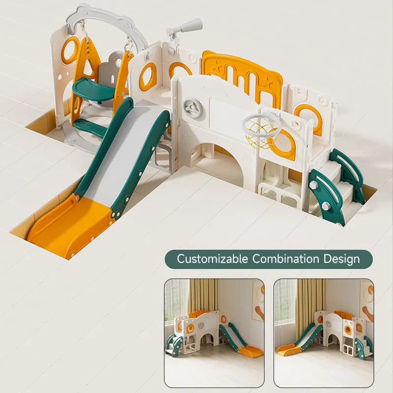Children's slide and play structure with customizable combination design.