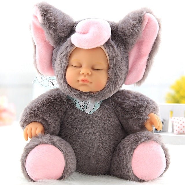 Plush toy elephant with a baby doll inside