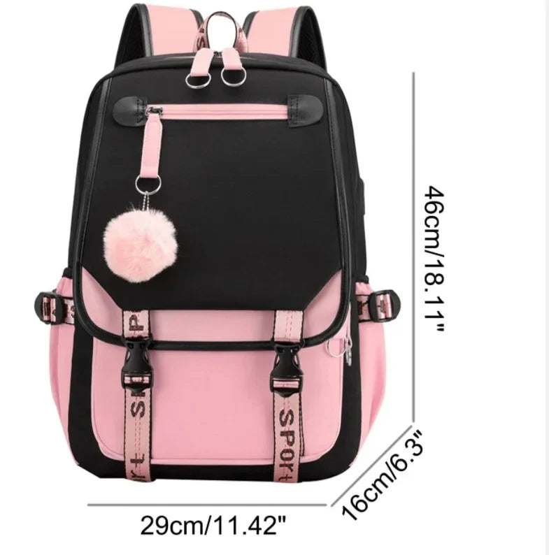 Pink and black backpack with pom-pom charm and measurements.