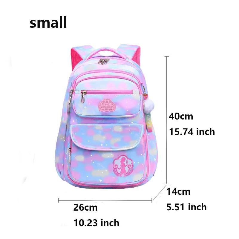 Pink and blue backpack with measurements.