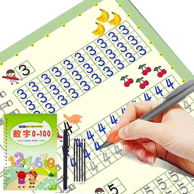 Educational mat with numbers and fruits, hand holding a pen, and a book titled '0-100' on a white background.