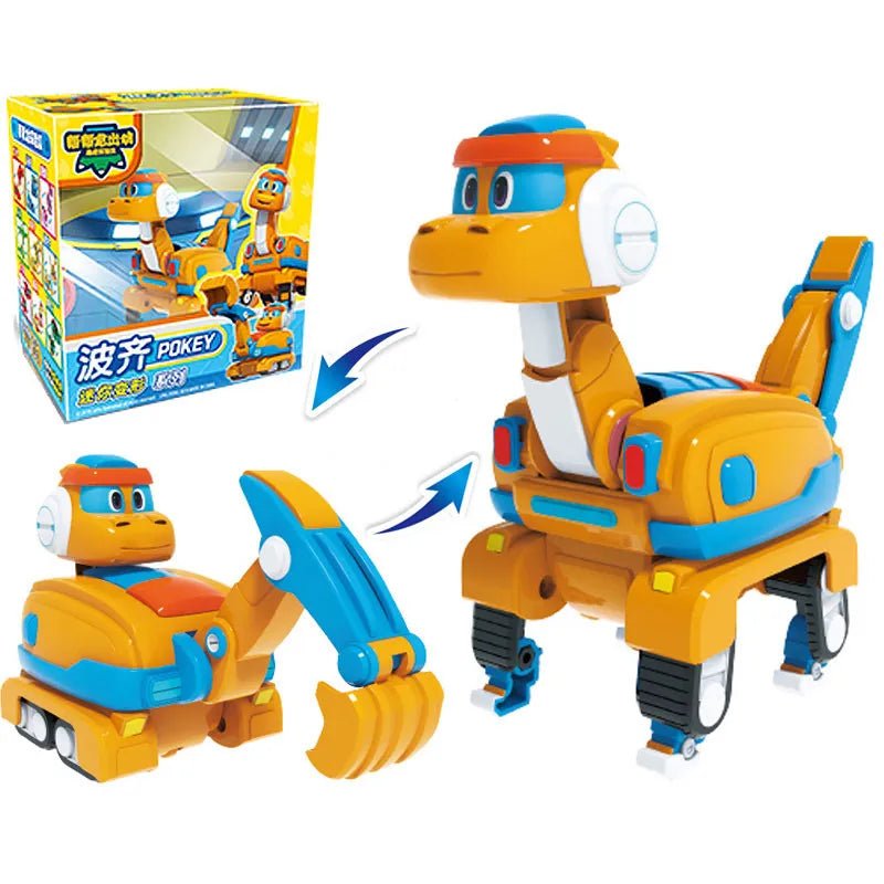 Toy dinosaur with excavator attachment and packaging on a white background