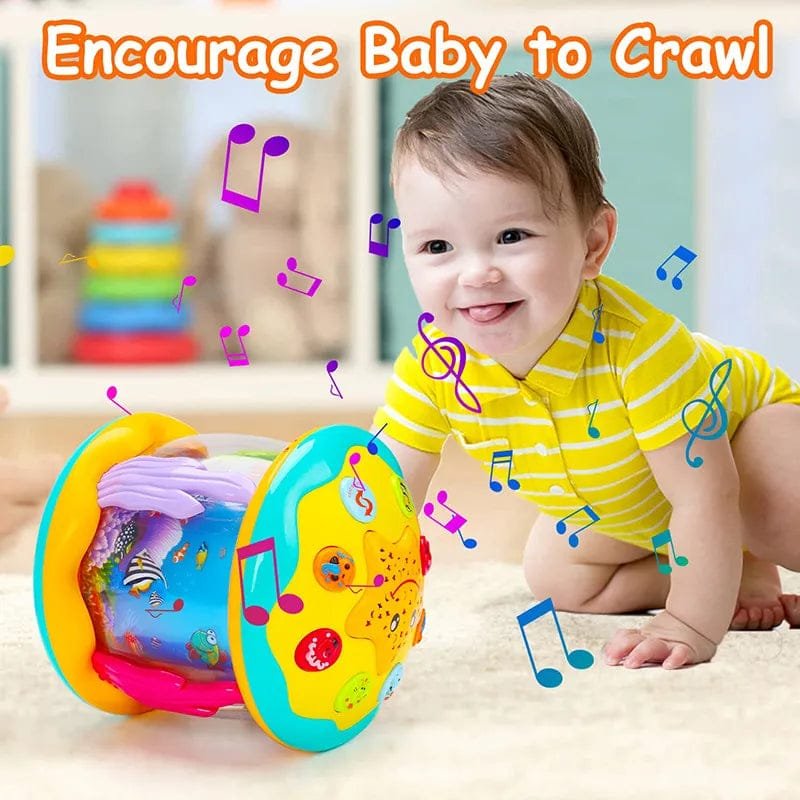 Baby playing with a colorful toy, surrounded by musical notes, with text encouraging baby to crawl.