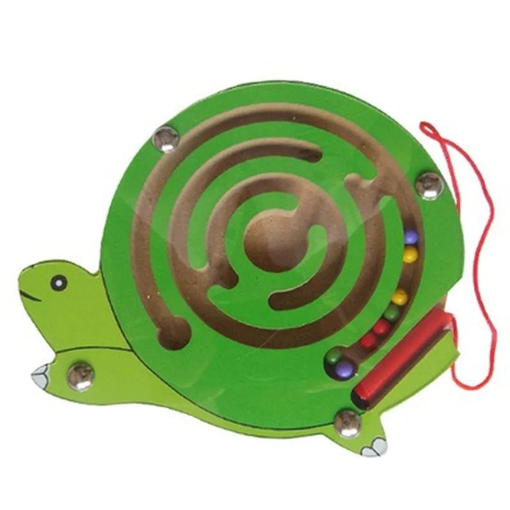 Green turtle-shaped maze toy with colorful beads on a white background