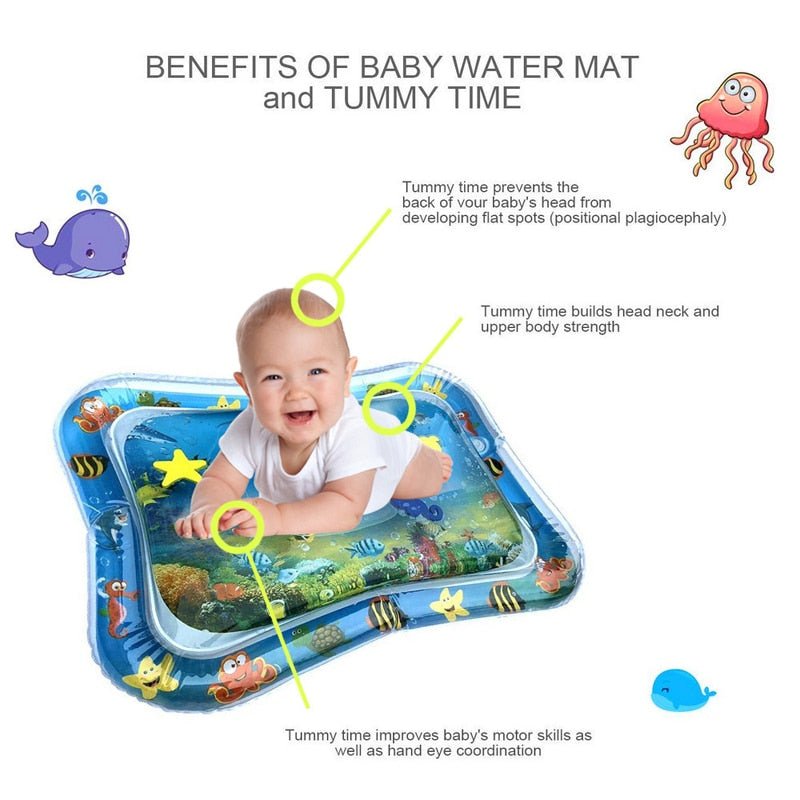 Baby water mat with illustrations of a baby, whale, and octopus, highlighting benefits of tummy time.