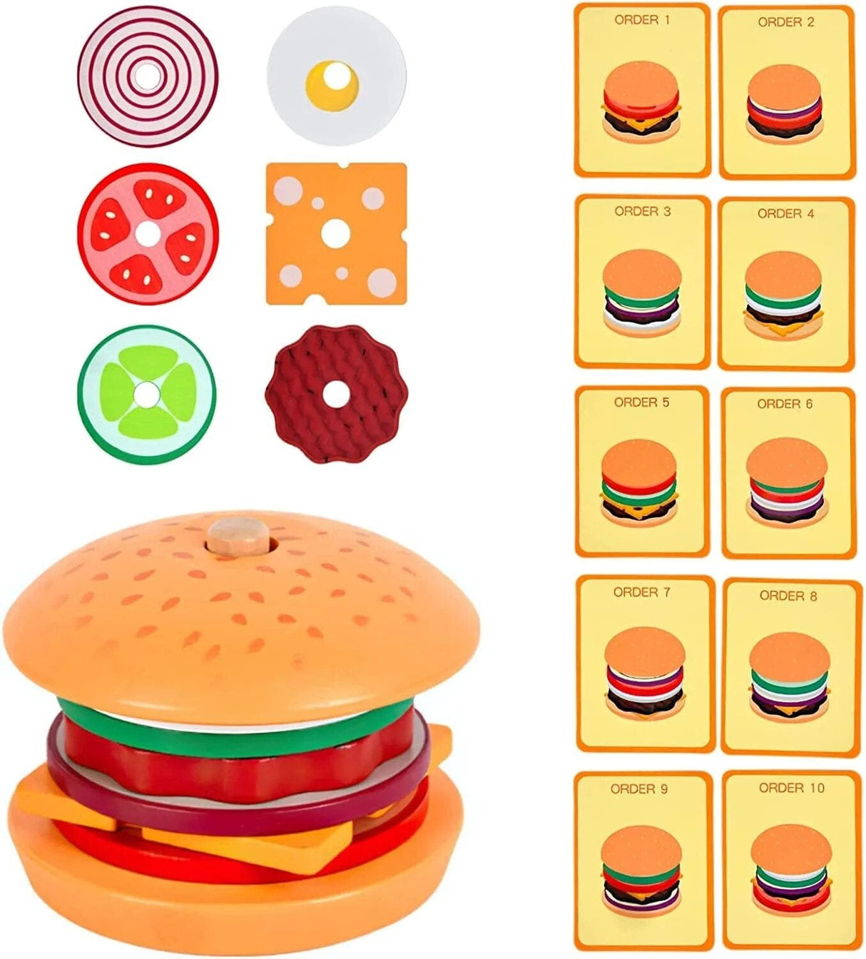 Toy hamburger set with building blocks and assembly cards on a white background