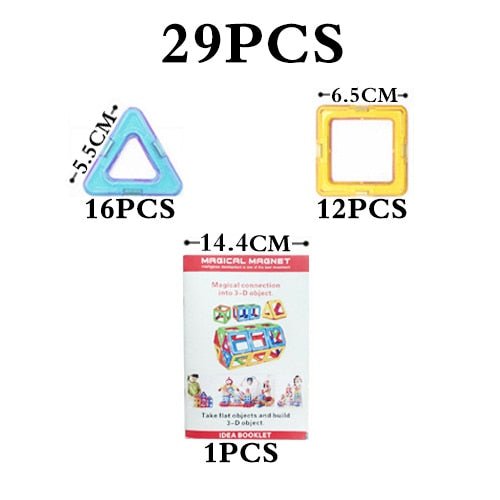 Packaging of magnetic building toys with shapes and measurements on a white background