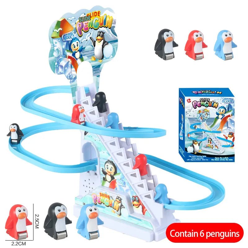 Toy penguin slide set with figures and packaging on a white background