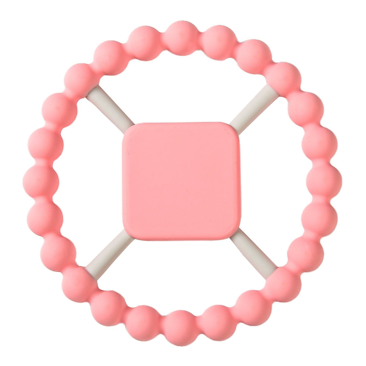 Pink teething ring with a square handle on a white background